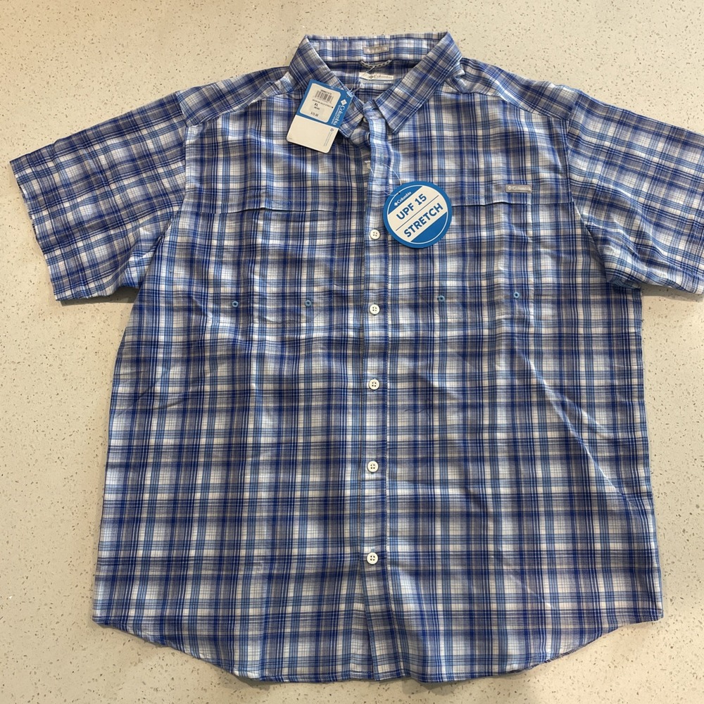 Mens Columbia PFG SZ XL Brenton Hills Stretch short sleeve shirt $75. Blue NWT